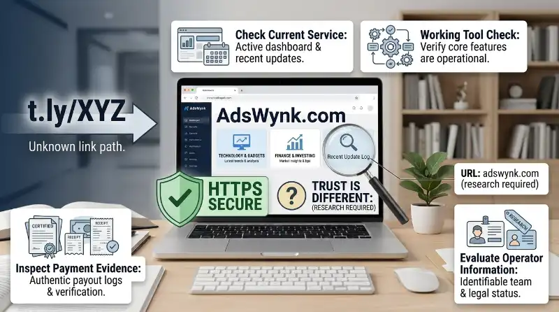 How to verify AdsWynk.com safety, current service, payment claims, and operator information